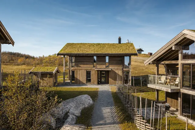 Side facade with grass roof in summer